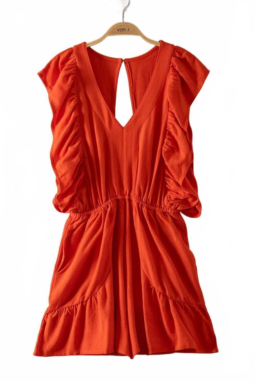 NEW VERY J women's back cutout detail ruffled sleeve romper in tomato